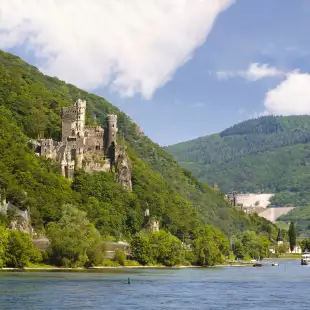 Rheinstein Castle partially concealed by the surrounding forests, on a valley leading down to River Rhine