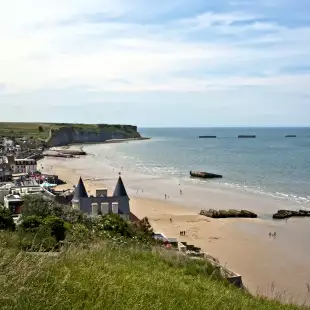Arromanches Gold beach on a bright day in Normandy 