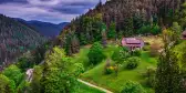 Aerial of the Black Forest with dark clouds in Schwarzwald, Germany