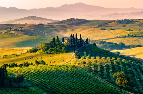 A lonely farmhouse with rolling hills, cypress and olive trees in Tuscany, Italy.