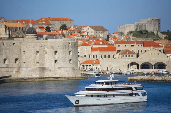 Aerial view of the MV Corona ship and Dubrovnik city in Croatia