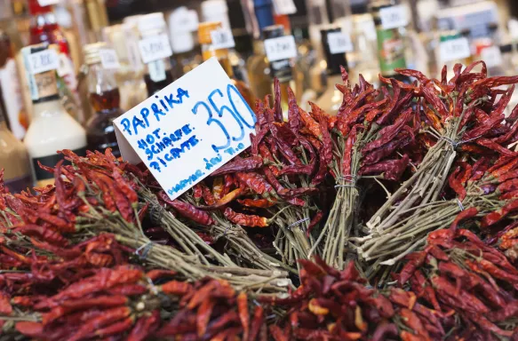 Dried Paprika bunches for sale at the Central Market Hall in Budapest, Hungary