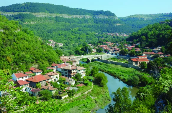 Aerial view of Veliko Tarnovo city and river from Tsarevets hill in Bulgaria