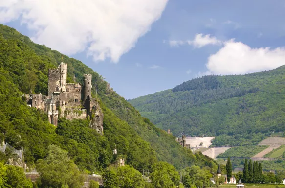 Rheinstein Castle partially concealed by the surrounding forests, on a valley leading down to River Rhine