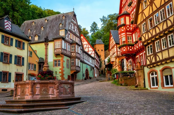 Colourful half-timbered houses in Miltenberg historical medieval Old Town, Bavaria, Germany