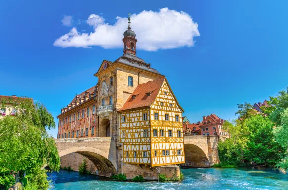 Town hall above the river Regnitz at Bamberg old town in Bavaria, Germany
