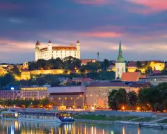 Cityscape of Bratislava city during twilight blue hour in Slovakia