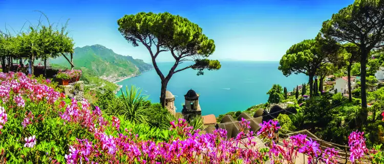 Amalfi Coast from Villa Rufolo gardens in Ravello, Campania, Italy