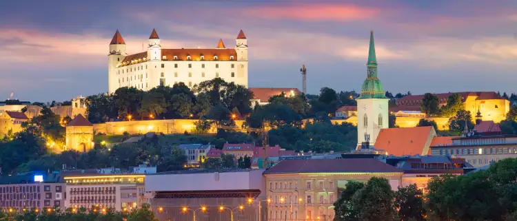 Cityscape of Bratislava city during twilight blue hour in Slovakia