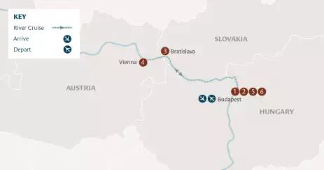 Map of cruise journey, arrivals and departures in Budapest, Bratislava and Vienna